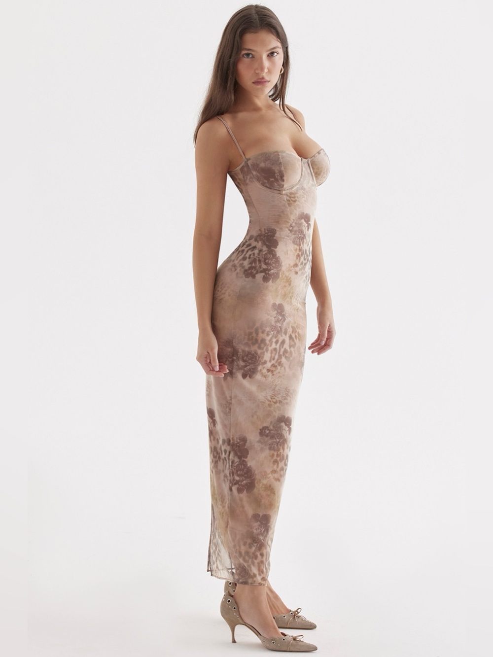 Flattered Beige and Brown Floral Midi Dress